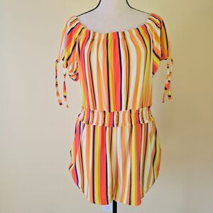 NWT Jolie & Joy Yellow Orange Bright Striped Tie Sleeve Romper Size 1X
